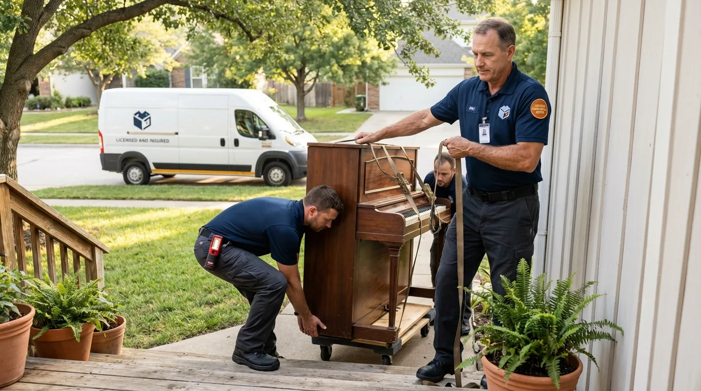Licensed piano movers securing grand piano in Creola, AL