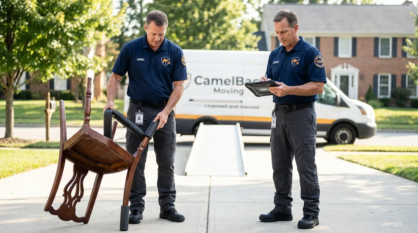 Movers inspecting furniture for damage prevention before loading in Creola, AL