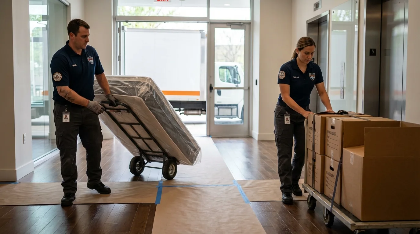 Professional apartment movers loading elevator in Creola, AL